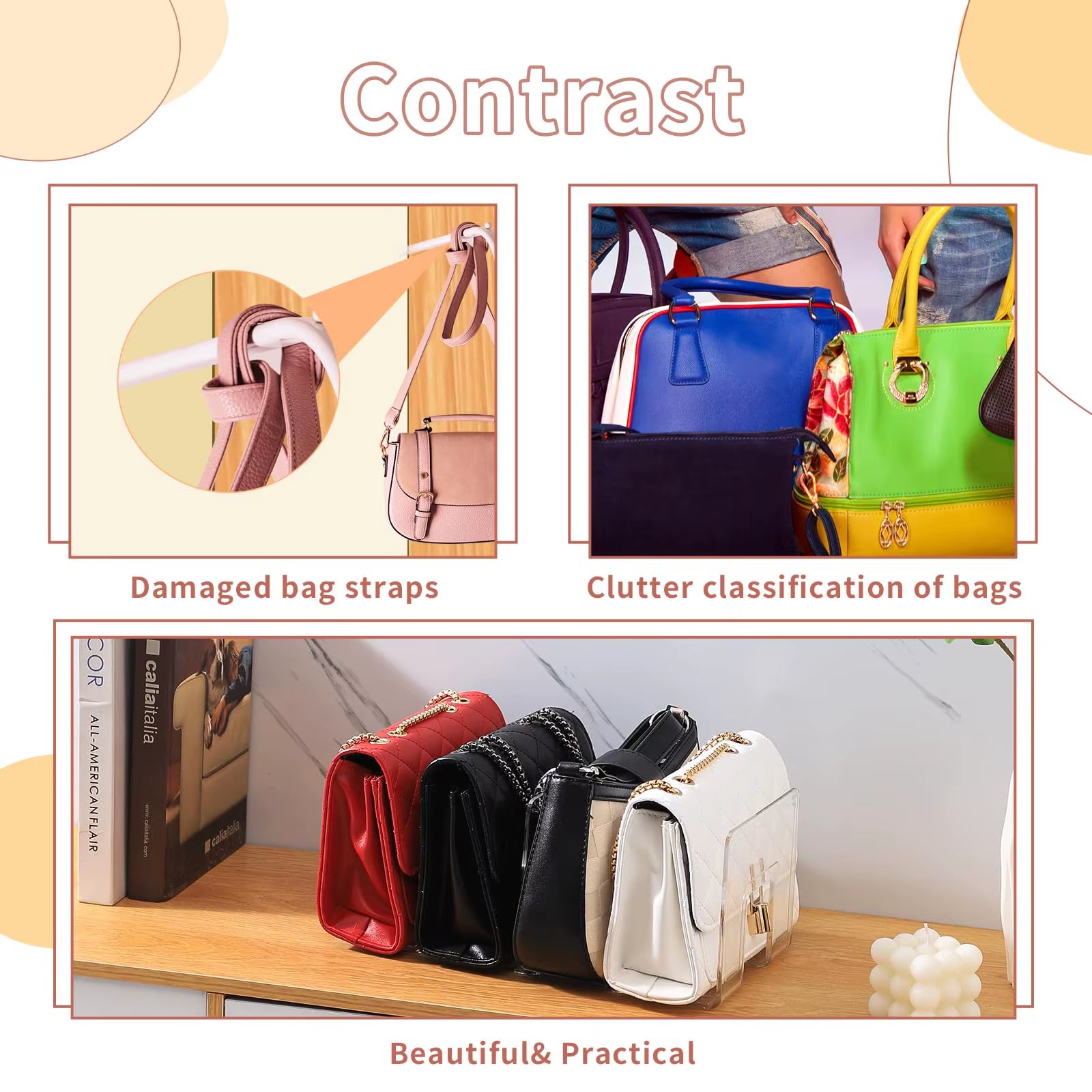 Clear Plastic Handbag Organizer with 4 Sections - 32x13x14.5cm Closet Shelf Divider and Display Stand