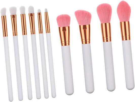 10-Piece Goat Hair Makeup Brush Set with Wooden Handles for Blending Face Powder, Blush, Eye Shadows, and Concealers - Luxurious and Travel-Friendly Makeup Tools