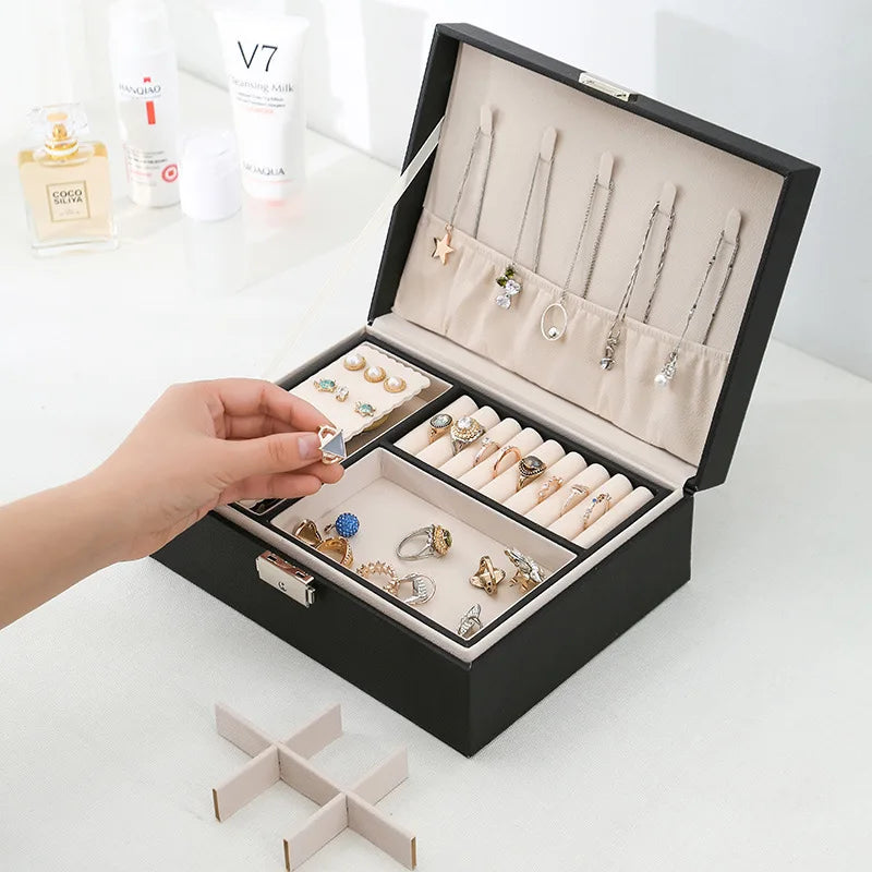Double-Layer Wooden Jewelry Box with PU Leather Organizer for Rings and Makeup Storage