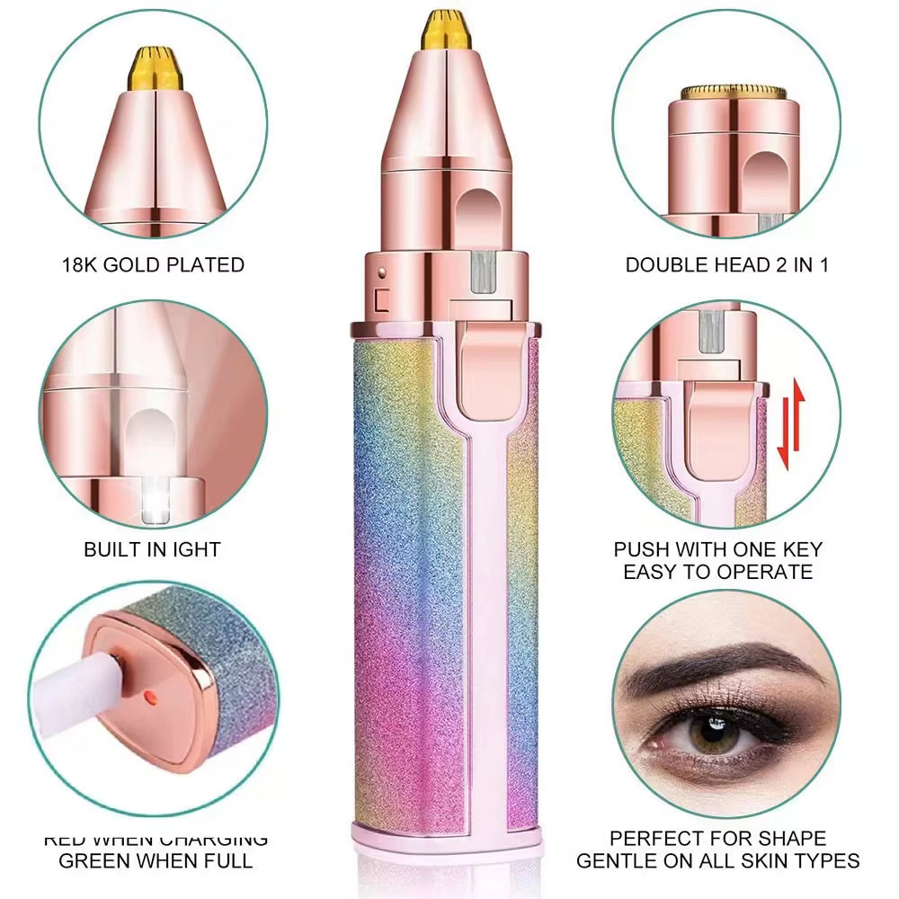 2-in-1 Rechargeable Facial Hair Removal and Eyebrow Shaver with Built-In LED Light and USB Charging