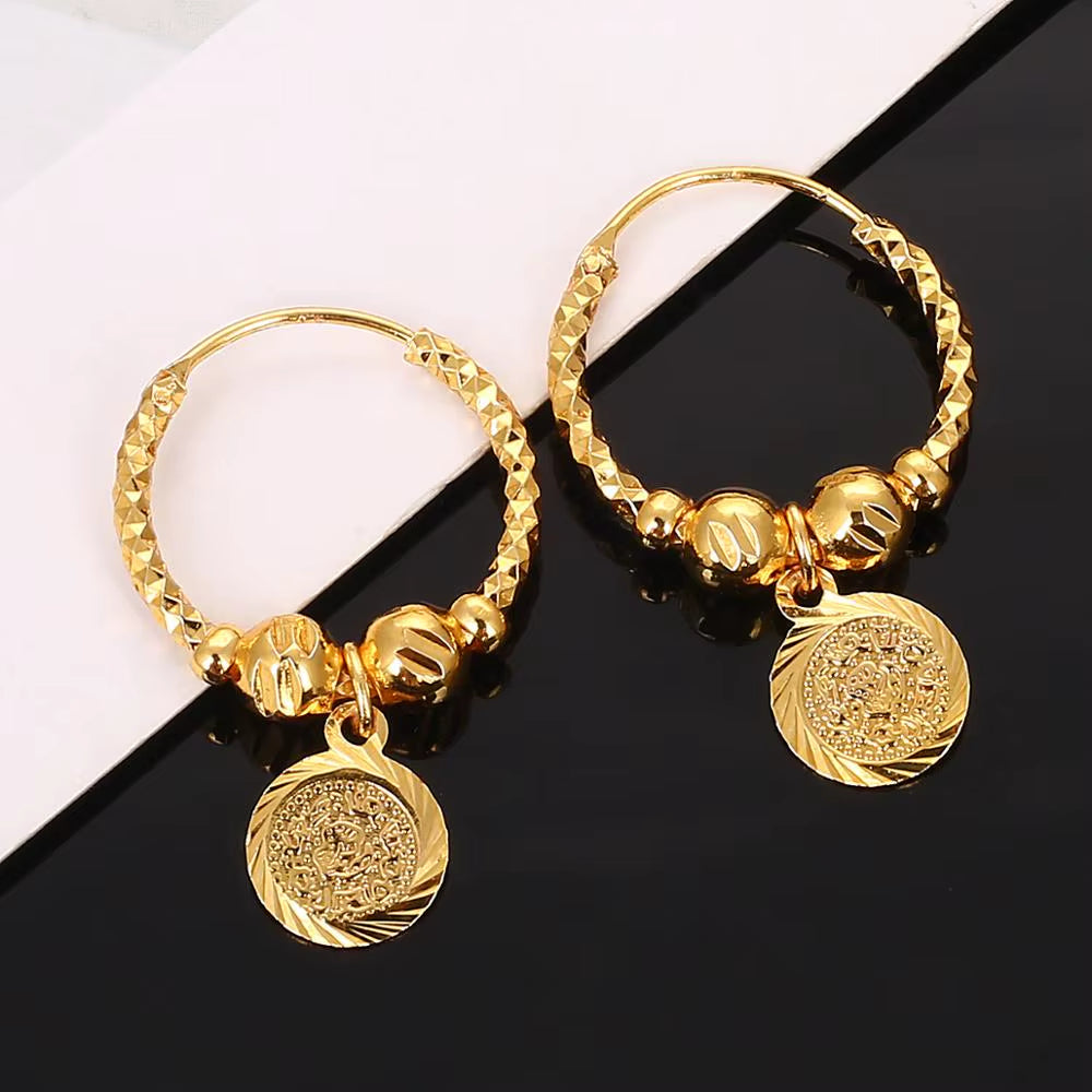 Ethiopian Gold-Colored Coin Bead Hoop Earrings