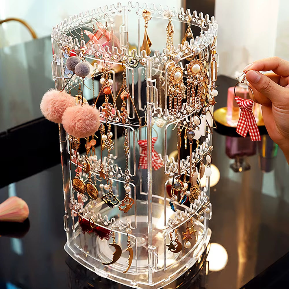 360-Degree Rotating Jewelry Storage Box - 2023 Earring Display Stand and Organizer Case for Jewelry and Makeup