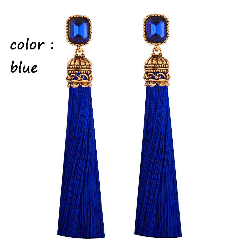 Women's Antique Gold Long Silk Tassel Earrings with Red and Black Square Cubic Zirconia - Bohemian Ethnic Jewelry