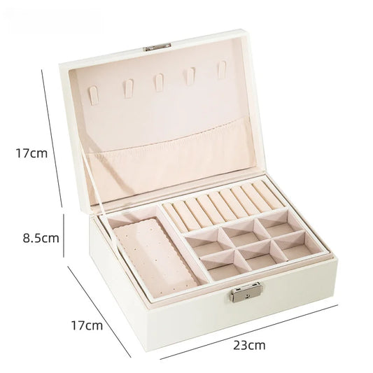 Double-Layer Wooden Jewelry Box with PU Leather Organizer for Rings and Makeup Storage