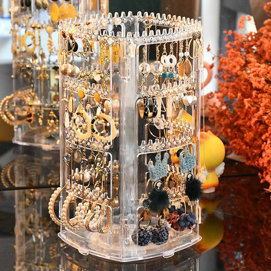 360-Degree Rotating Jewelry Storage Box - 2023 Earring Display Stand and Organizer Case for Jewelry and Makeup