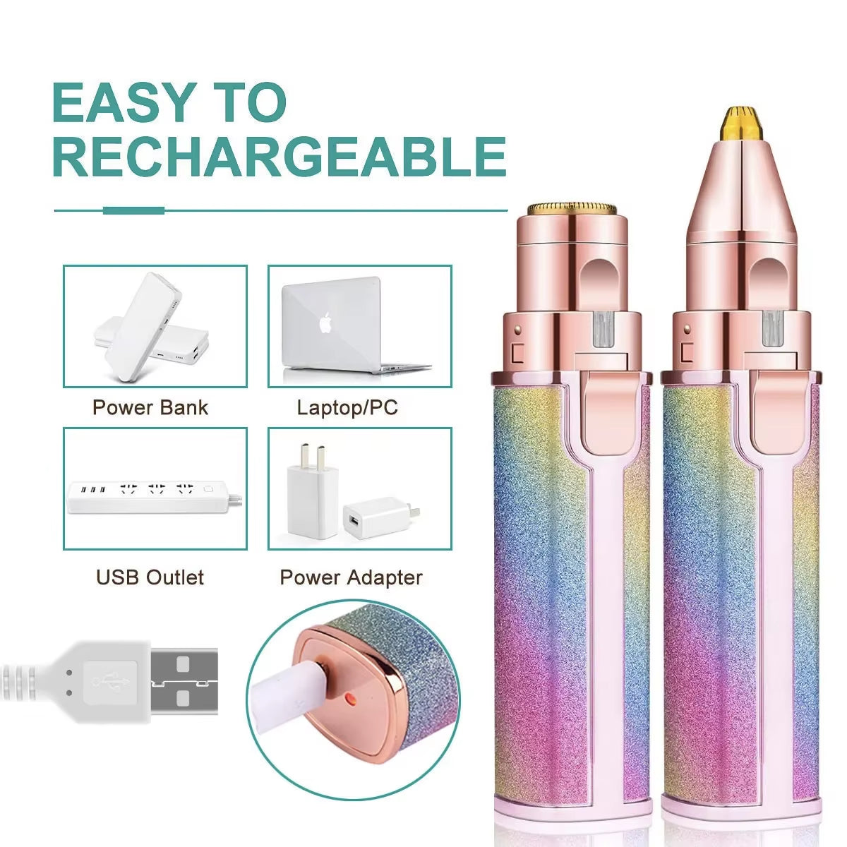 2-in-1 Rechargeable Facial Hair Removal and Eyebrow Shaver with Built-In LED Light and USB Charging