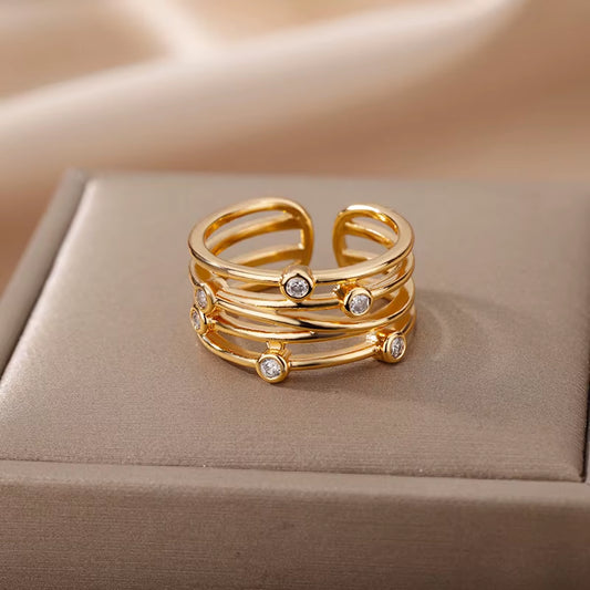 Multilayer Wound Zircon Ring for Women - Adjustable Open-Design Stainless Steel Geometry Jewelry 2022 Trend