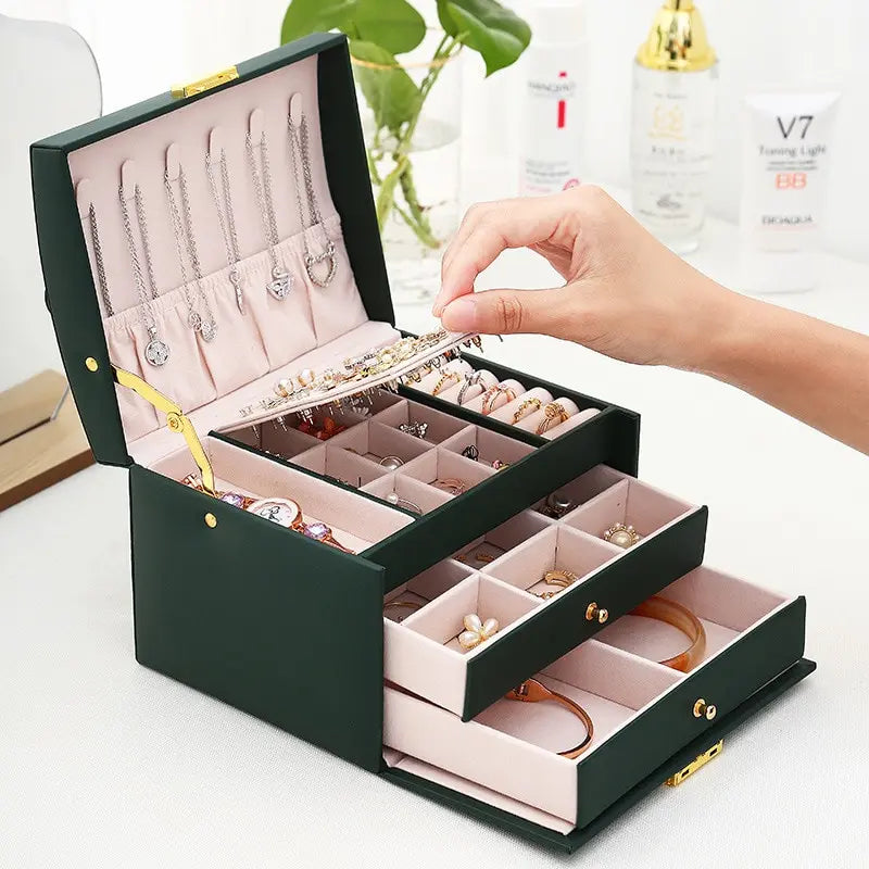 Multi-Functional Three-Layer Leather Jewelry Box with Lock for Earrings and Accessories