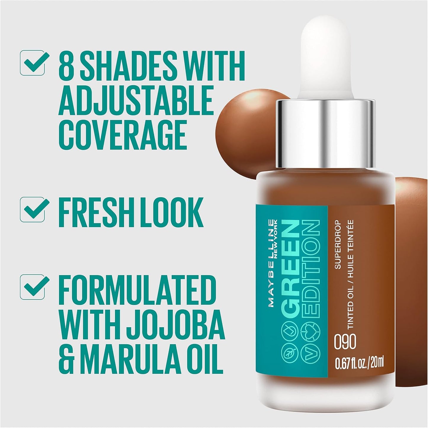 Maybelline Green Edition Superdrop Tinted Oil Foundation, Adjustable Natural Coverage, Available in 8 Shades, Enriched with Jojoba and Marula Oil, 30ml (0.67 Fl Oz)