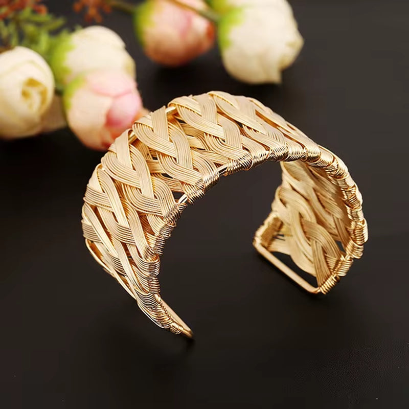 Punk-Inspired Cuff Bangles in Gold and Silver Metal Weave - Fashion Jewelry for Costumes and Apparel