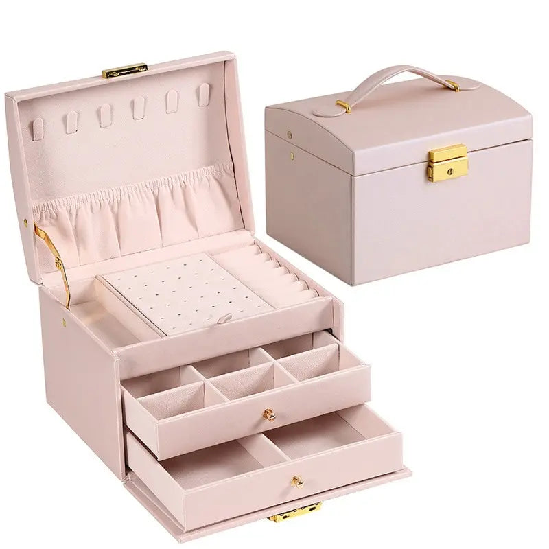 Multi-Functional Three-Layer Leather Jewelry Box with Lock for Earrings and Accessories