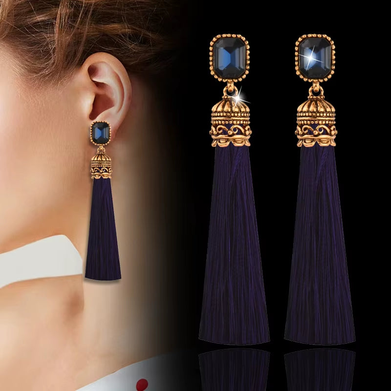 Women's Red and Black Square Cubic Zirconia Long Silk Tassel Earrings in Antique Gold - Bohemian Ethnic Jewelry