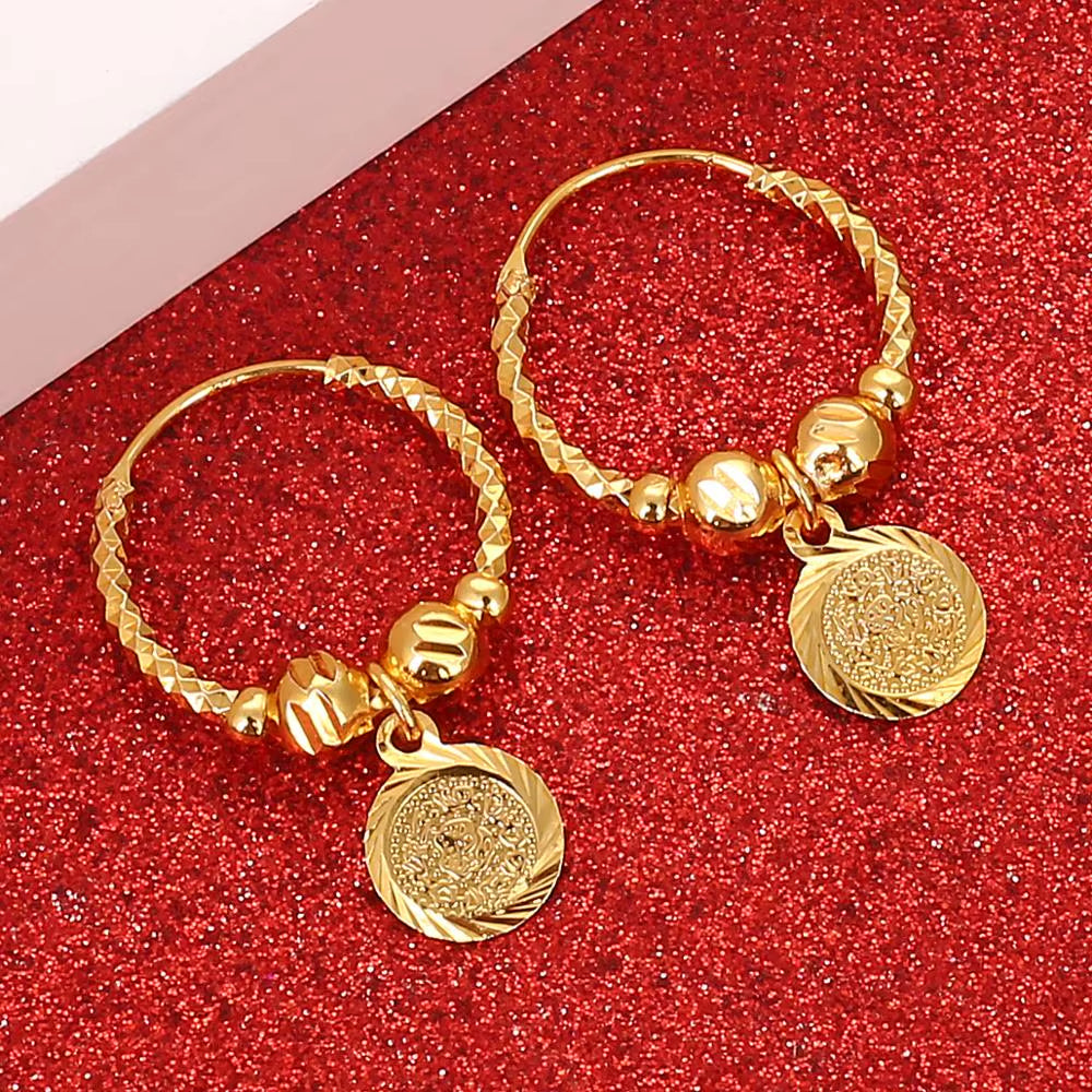Ethiopian Gold-Colored Coin Bead Hoop Earrings