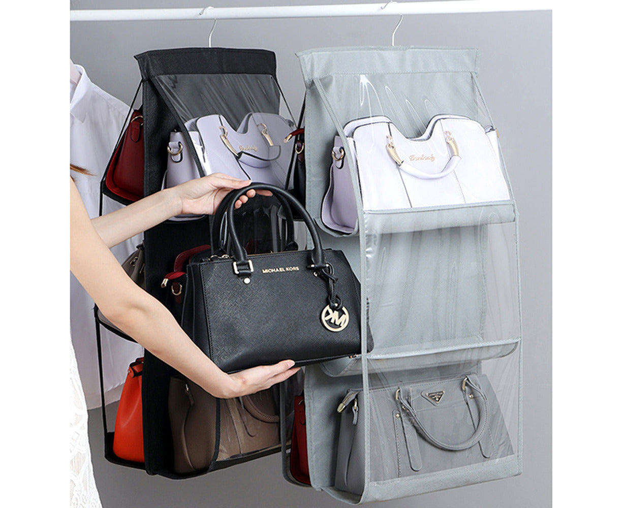 2-Pack 6-Pocket Folding Hanging Handbag Storage Organizer - Gray and Black