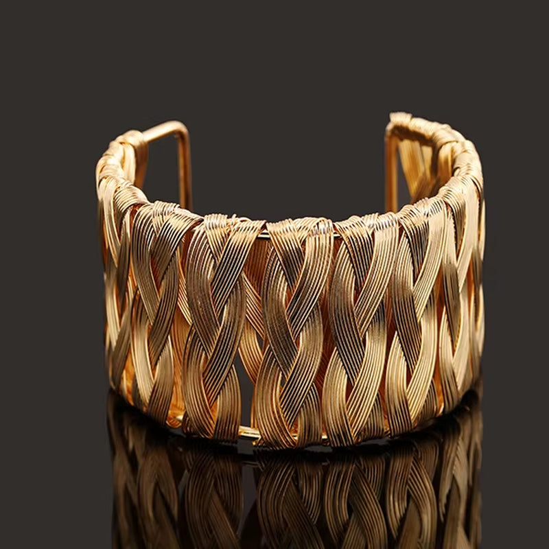 Punk-Inspired Cuff Bangles in Gold and Silver Metal Weave - Fashion Jewelry for Costumes and Apparel