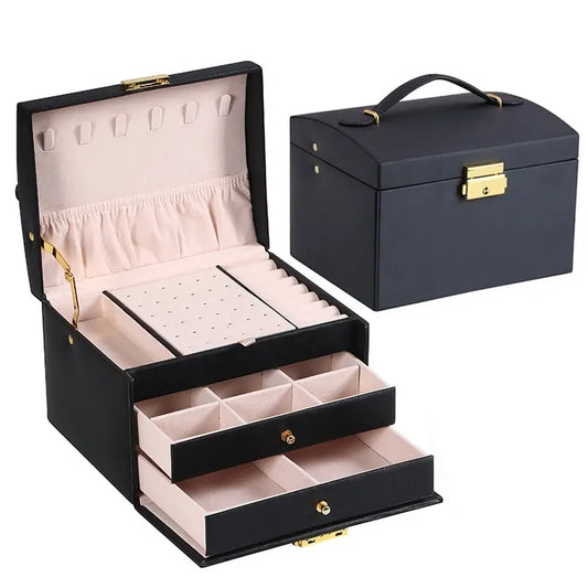 Multi-Functional Three-Layer Leather Jewelry Box with Lock for Earrings and Accessories