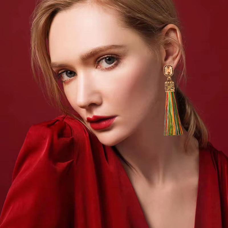 Women's Red and Black Square Cubic Zirconia Long Silk Tassel Earrings in Antique Gold - Bohemian Ethnic Jewelry