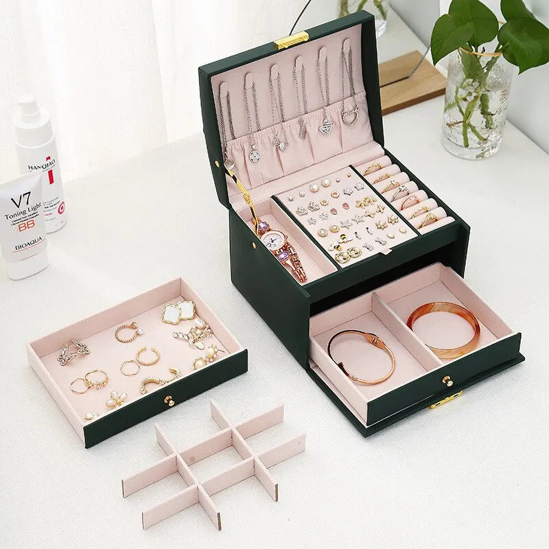 Multi-Functional Three-Layer Leather Jewelry Box with Lock for Earrings and Accessories