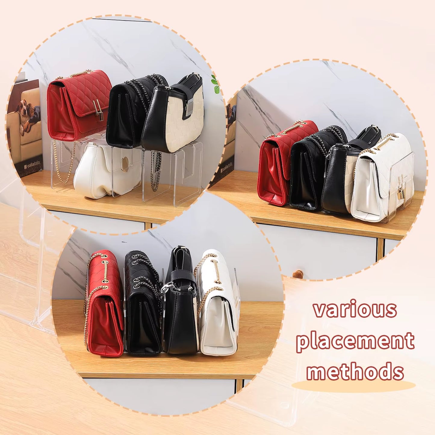 Clear Plastic Handbag Organizer with 4 Sections - 32x13x14.5cm Closet Shelf Divider and Display Stand