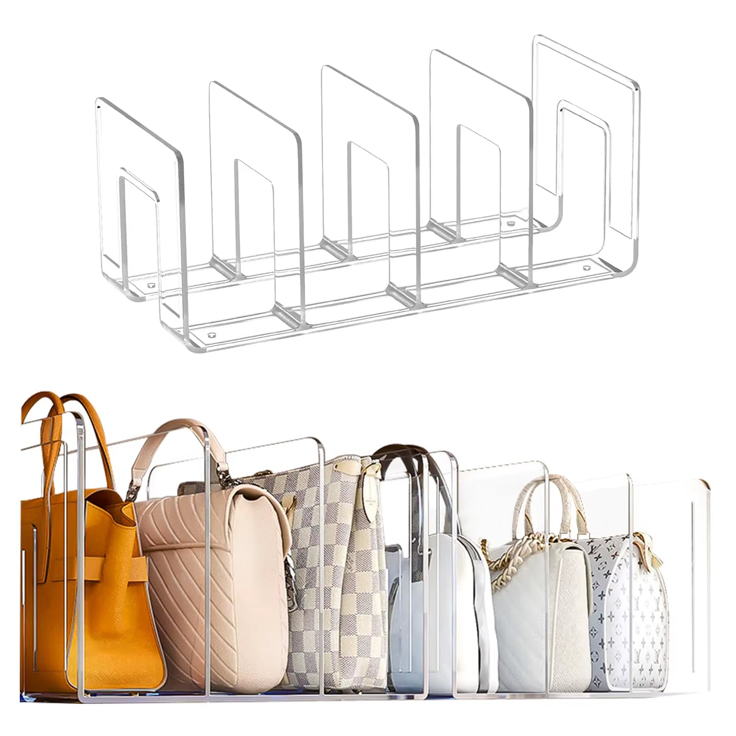Clear Plastic Handbag Organizer with 4 Sections - 32x13x14.5cm Closet Shelf Divider and Display Stand