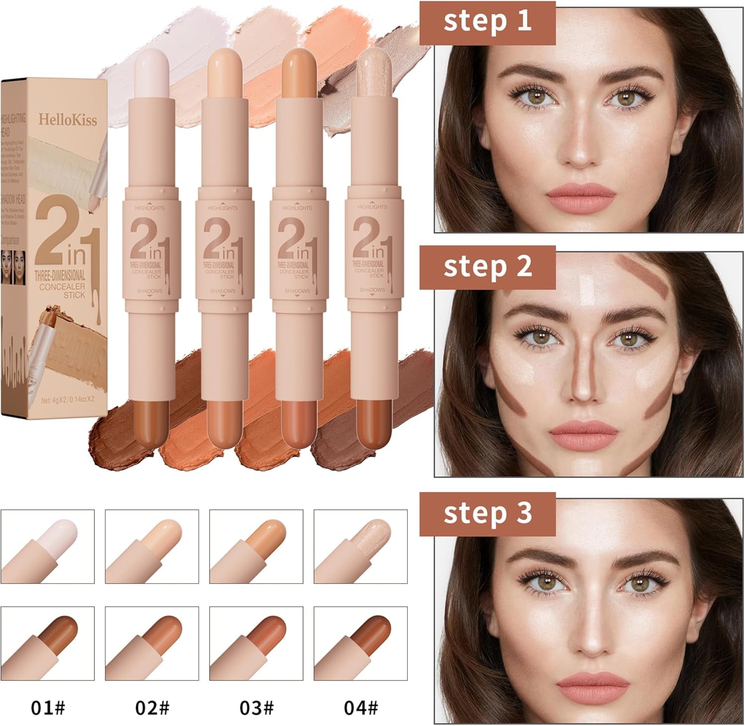 Double-Ended Highlighter Stick for Enhanced Facial Contouring - 2-in-1 Pen (#02 Light Ivory & Light Coffee, 4ml)