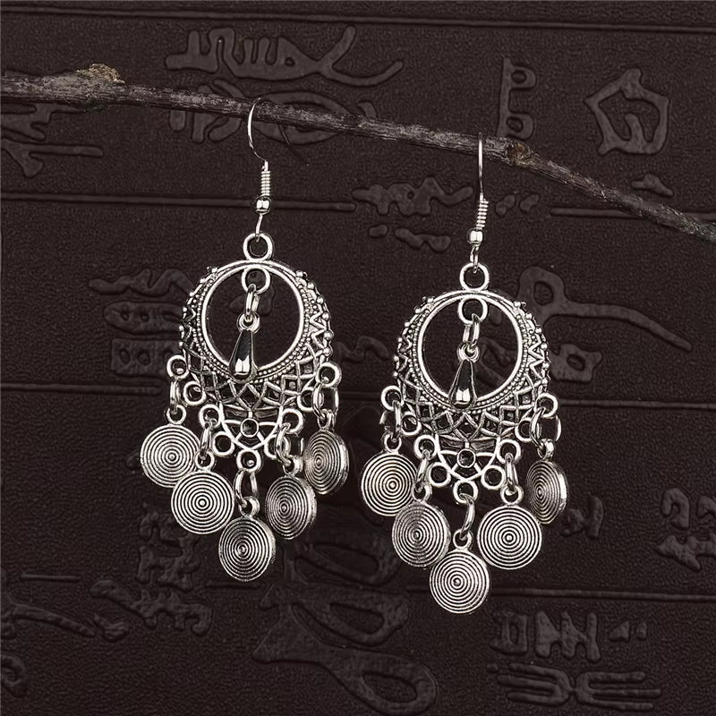 2019 Vintage Ethnic Round Alloy Tassel Hollow Drop Earrings for Women