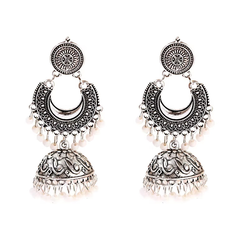 Retro Silver Turkish Jhumka Earrings with Bohemian Beads and Tassels for Women