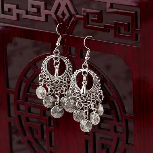 2019 Vintage Ethnic Round Alloy Tassel Hollow Drop Earrings for Women