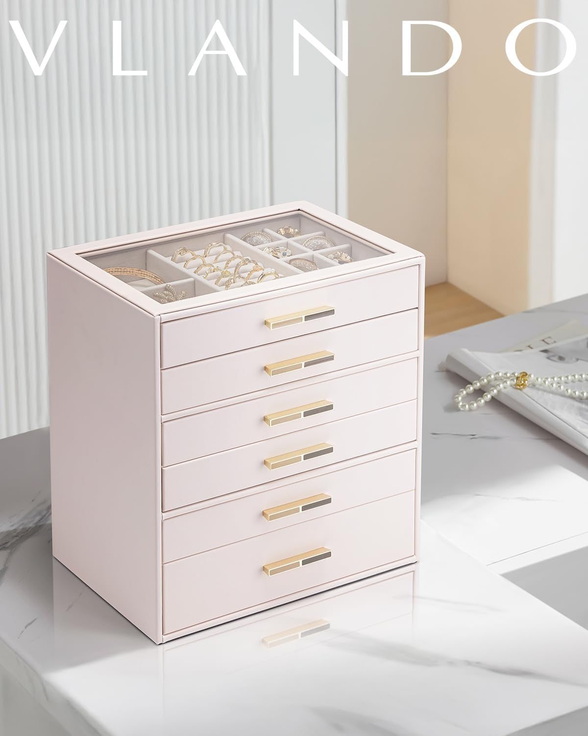 6-Layer Jewelry Organizer with Glass Lid and 6 Drawers for Necklaces, Rings, Earrings, and Bracelets - Pink