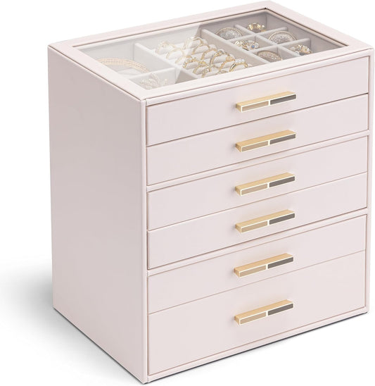 6-Layer Jewelry Organizer with Glass Lid and 6 Drawers for Necklaces, Rings, Earrings, and Bracelets - Pink
