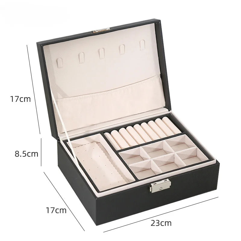 Double-Layer Wooden Jewelry Box with PU Leather Organizer for Rings and Makeup Storage