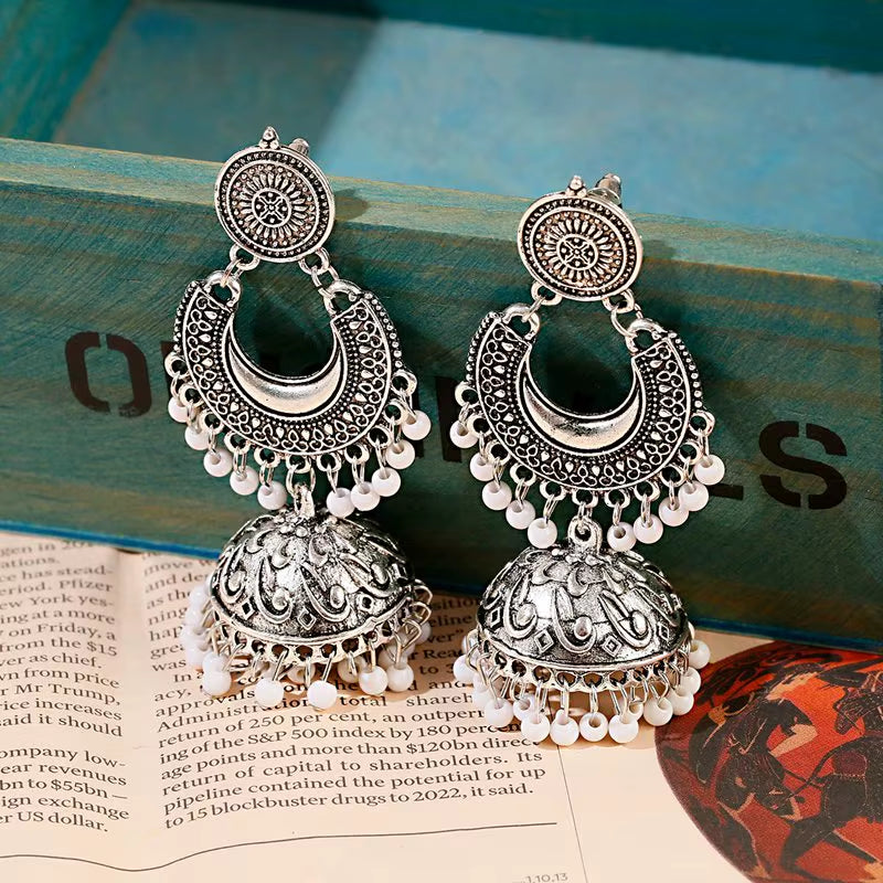 Retro Silver Turkish Jhumka Earrings with Bohemian Beads and Tassels for Women