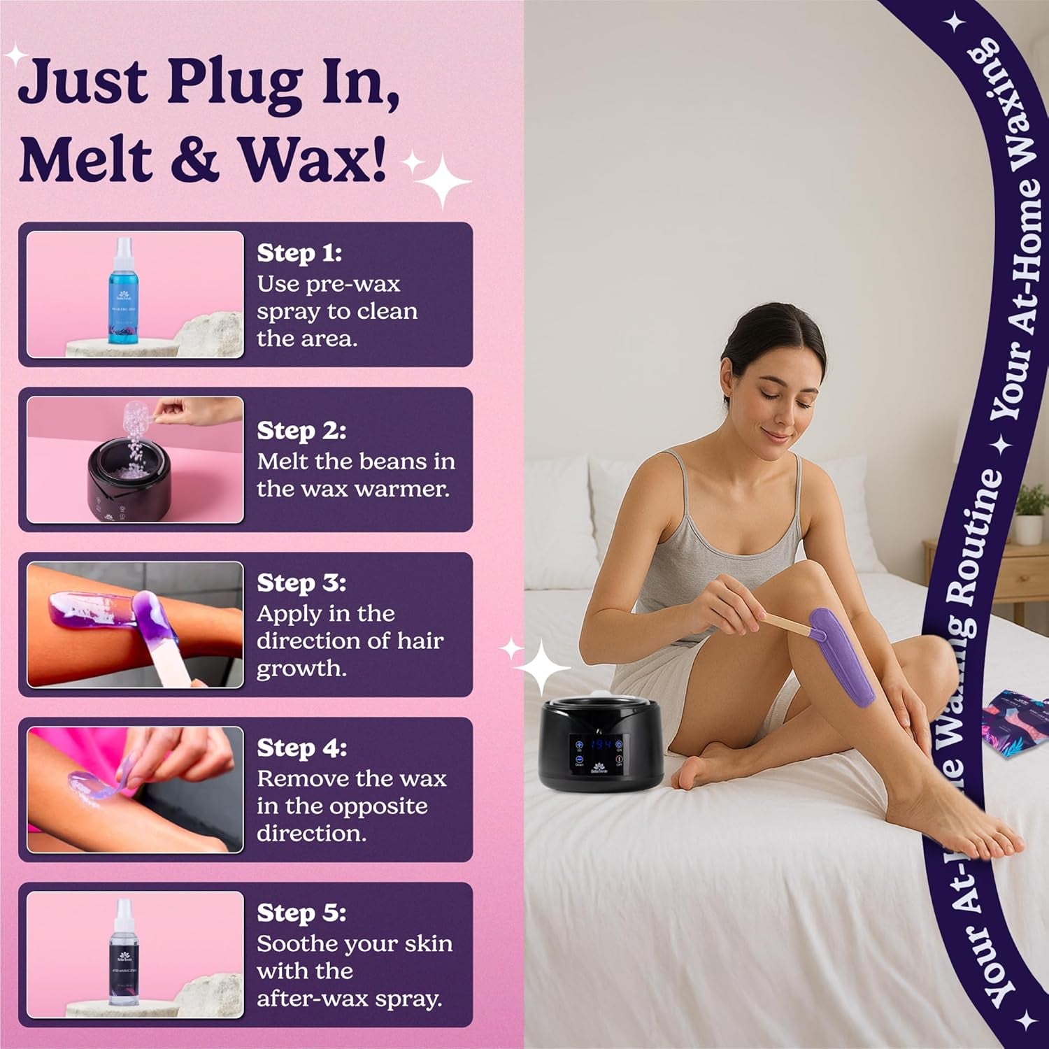 Professional Wax Warmer Kit for Home Hair Removal - Includes LED Display, 5 Bags of Painless Hard Wax Beans, and 20 Wax Sticks for Face, Legs, Arms, and Bikini