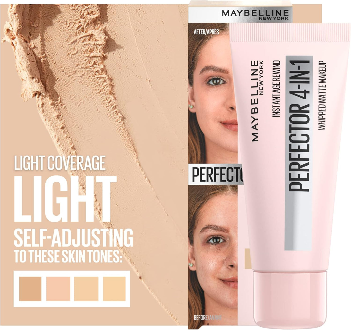 Maybelline Instant Age Rewind 4-In-1 Matte Makeup - Pore Blurring, Blemish Concealing, and Skin Tone Evening with Sheer Coverage, Light, 1 Fl Oz