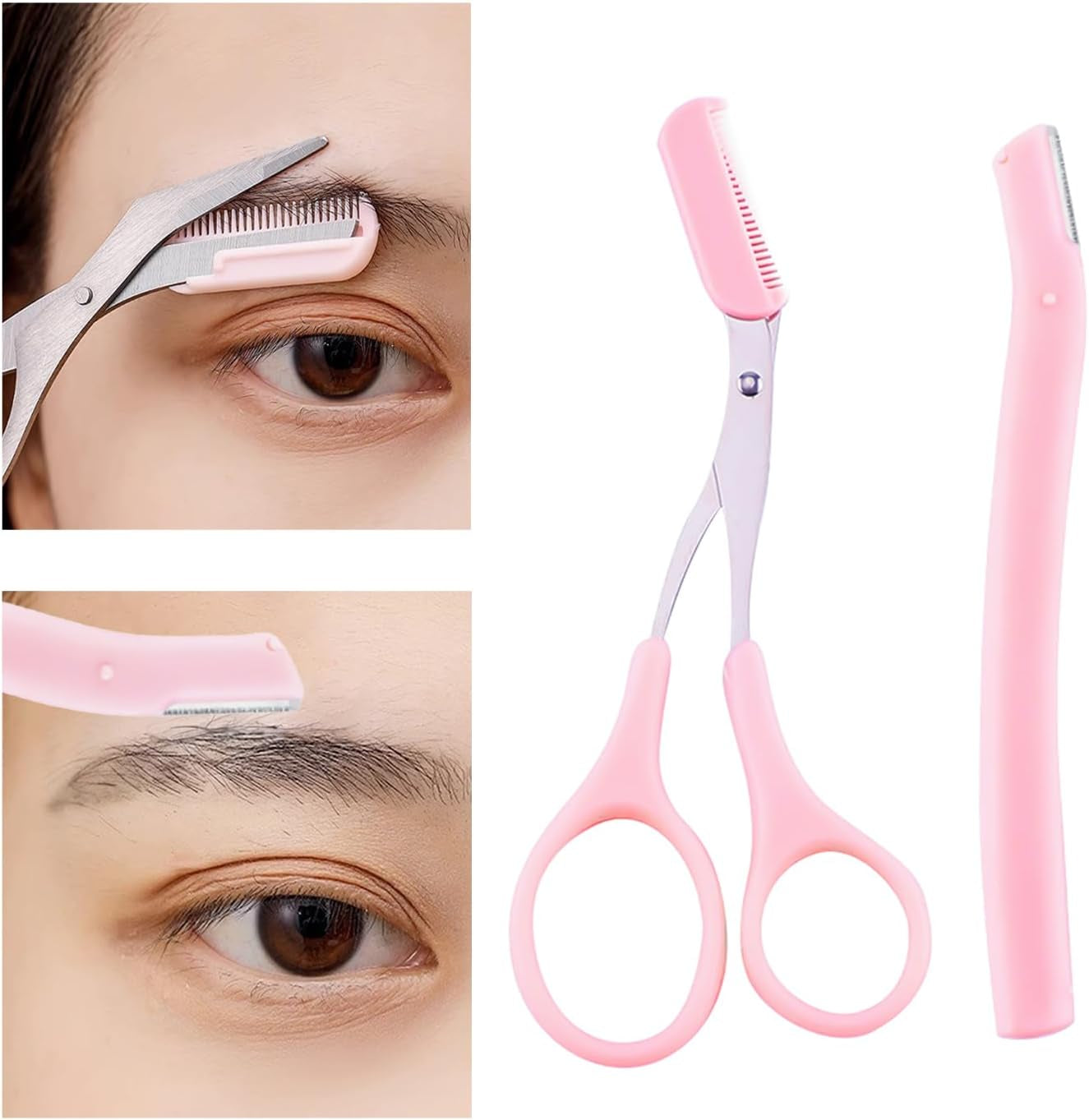 Professional Eyebrow Grooming Kit - Eyebrow Scissors, Comb, Razor, and Tweezers for Precision Shaping and Facial Hair Removal (Pink)
