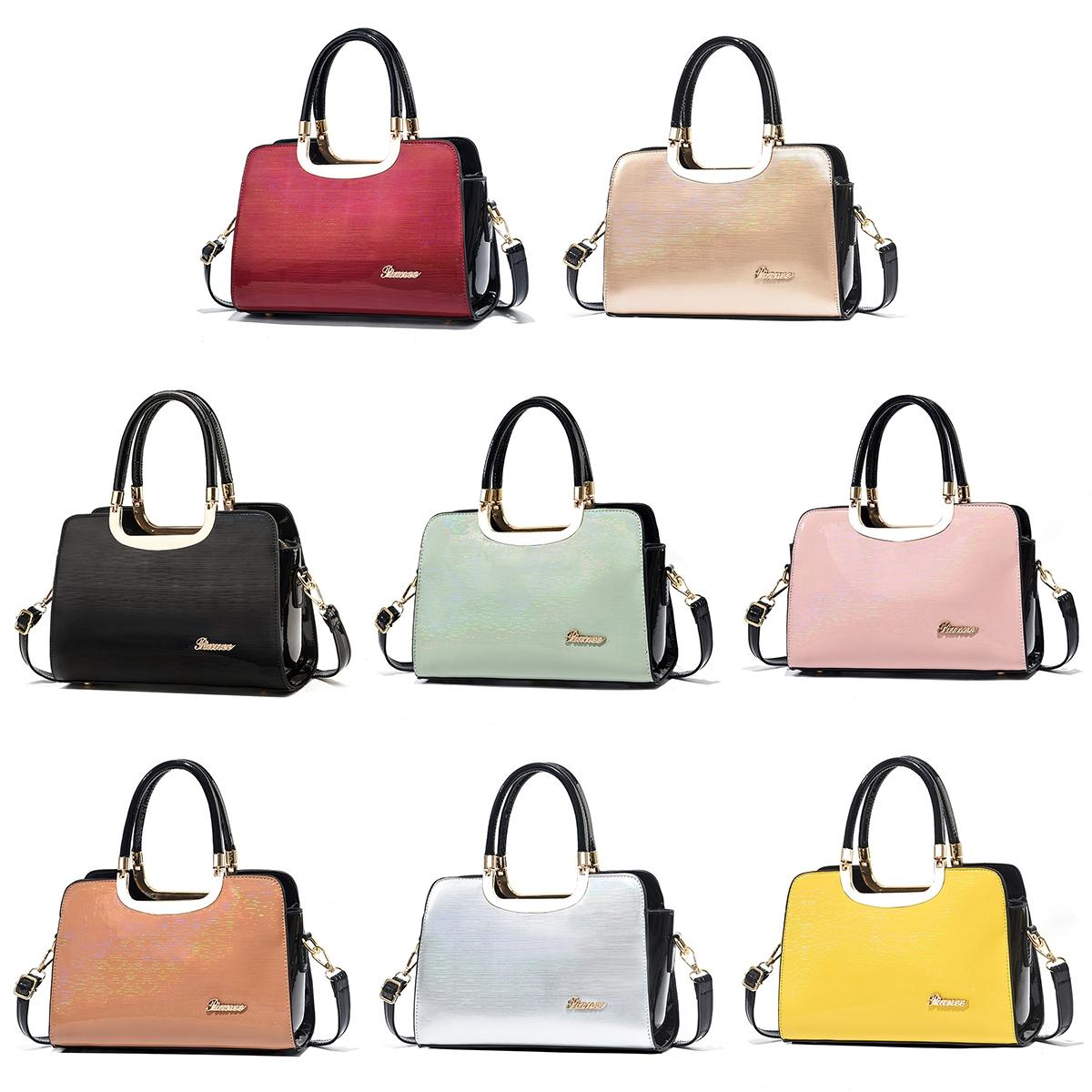 Large Capacity Leather Commuter Handbag - Bright - Black