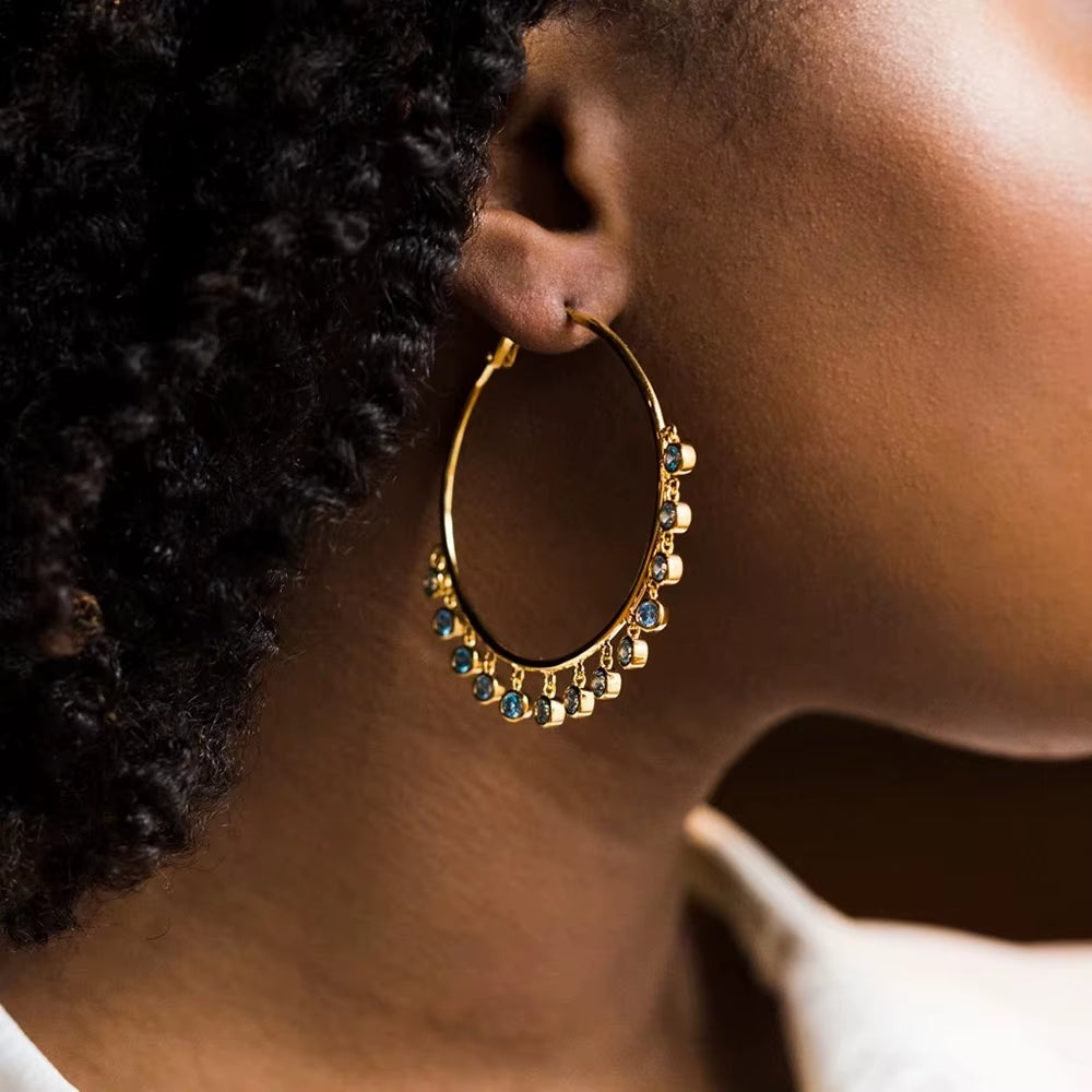Elegant Tassel Circle Hoop Earrings for Women - Gothic Hip-Hop Design with Mosaic Light Blue CZ Accents