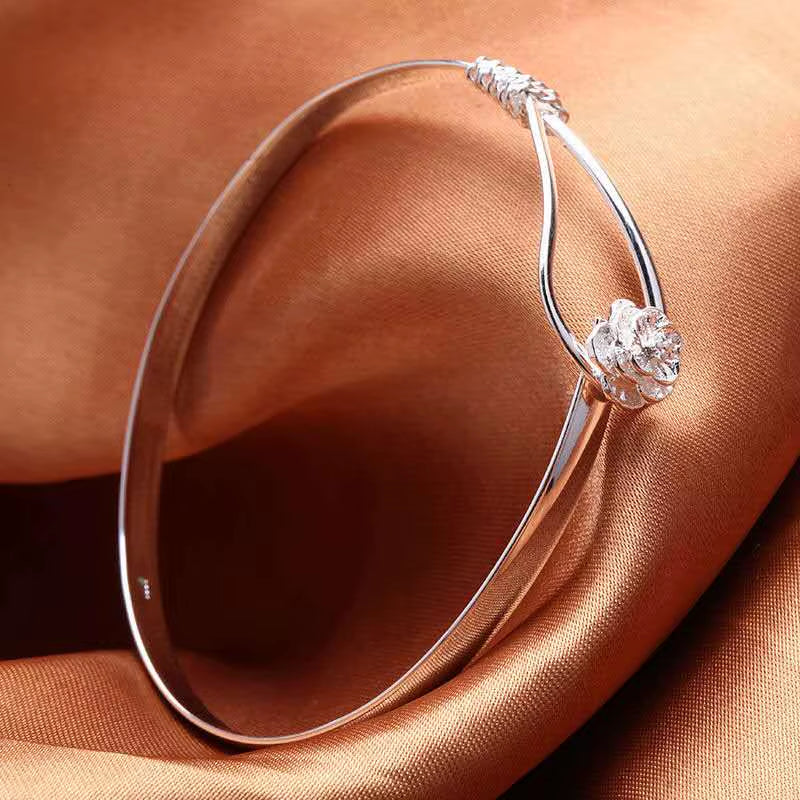Elegant 925 Sterling Silver Flower Bangle Bracelet for Women - Adjustable Fashion Jewelry for Parties and Gifts