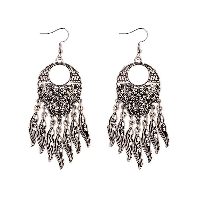 2019 Vintage Ethnic Round Alloy Tassel Hollow Drop Earrings for Women
