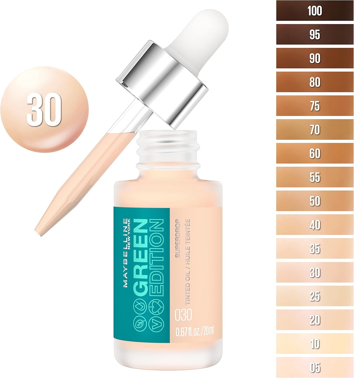 Maybelline Green Edition Superdrop Tinted Oil Foundation, Adjustable Natural Coverage, Available in 8 Shades, Enriched with Jojoba and Marula Oil, 30ml (0.67 Fl Oz)