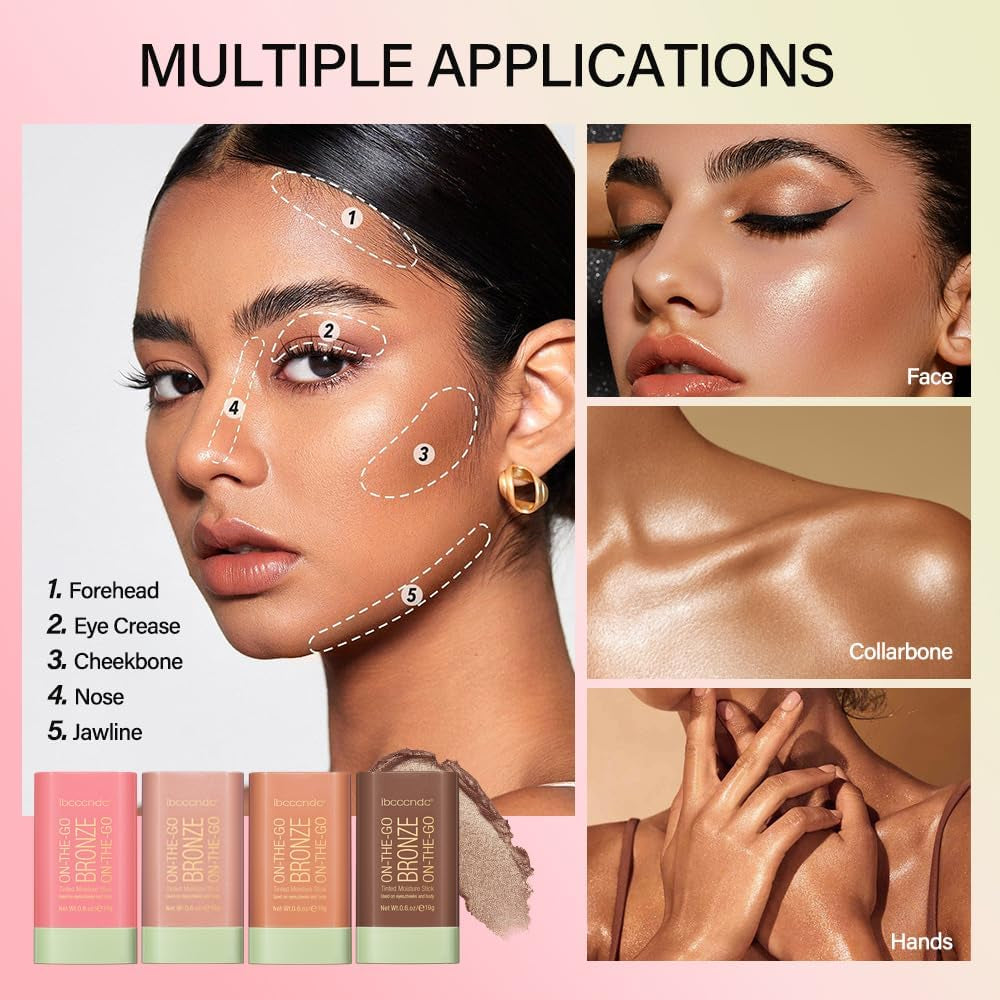 3-Piece Cream Contour Stick Set with Highlighter, Bronzer, and Blush for Cheeks and Lips - 3-in-1 Multi-Highlighter Makeup with Application Brush for Sculpting Cheeks, Long-Lasting Formula