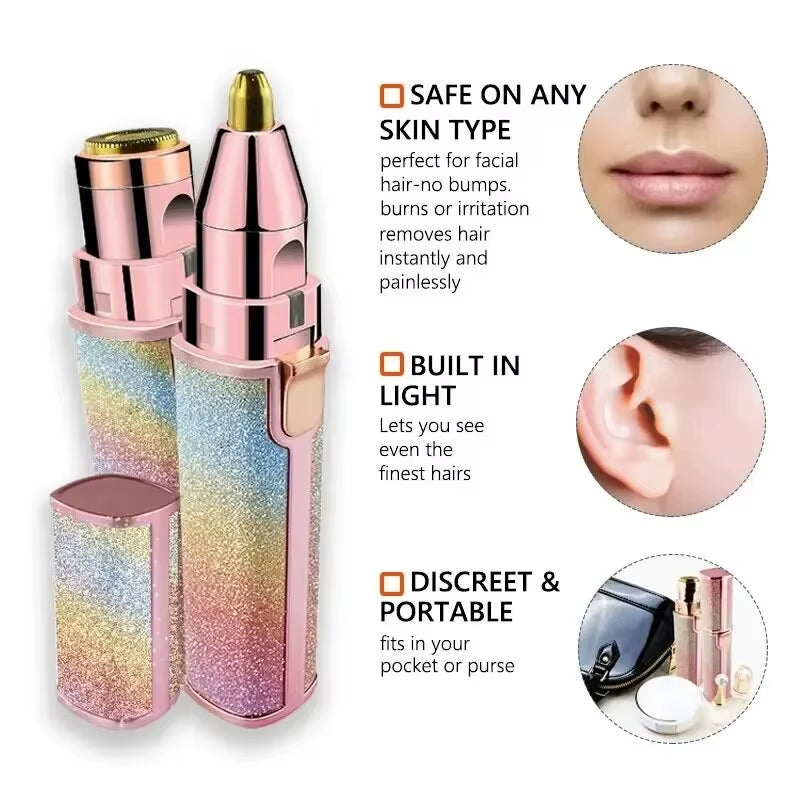 2-in-1 Rechargeable Facial Hair Removal and Eyebrow Shaver with Built-In LED Light and USB Charging