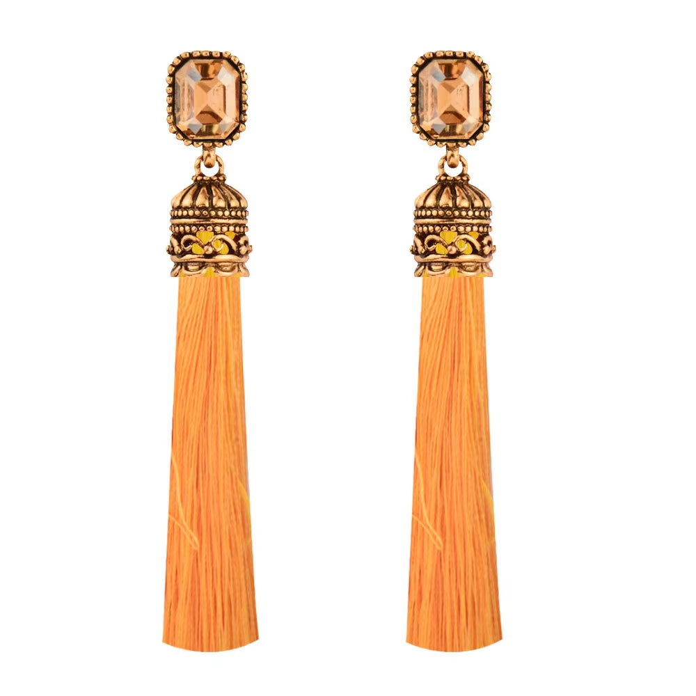 Women's Antique Gold Long Silk Tassel Earrings with Red and Black Square Cubic Zirconia - Bohemian Ethnic Jewelry