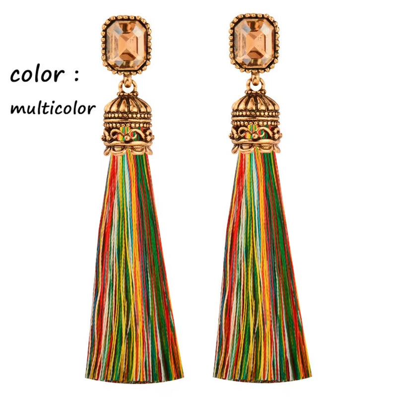 Women's Antique Gold Long Silk Tassel Earrings with Red and Black Square Cubic Zirconia - Bohemian Ethnic Jewelry