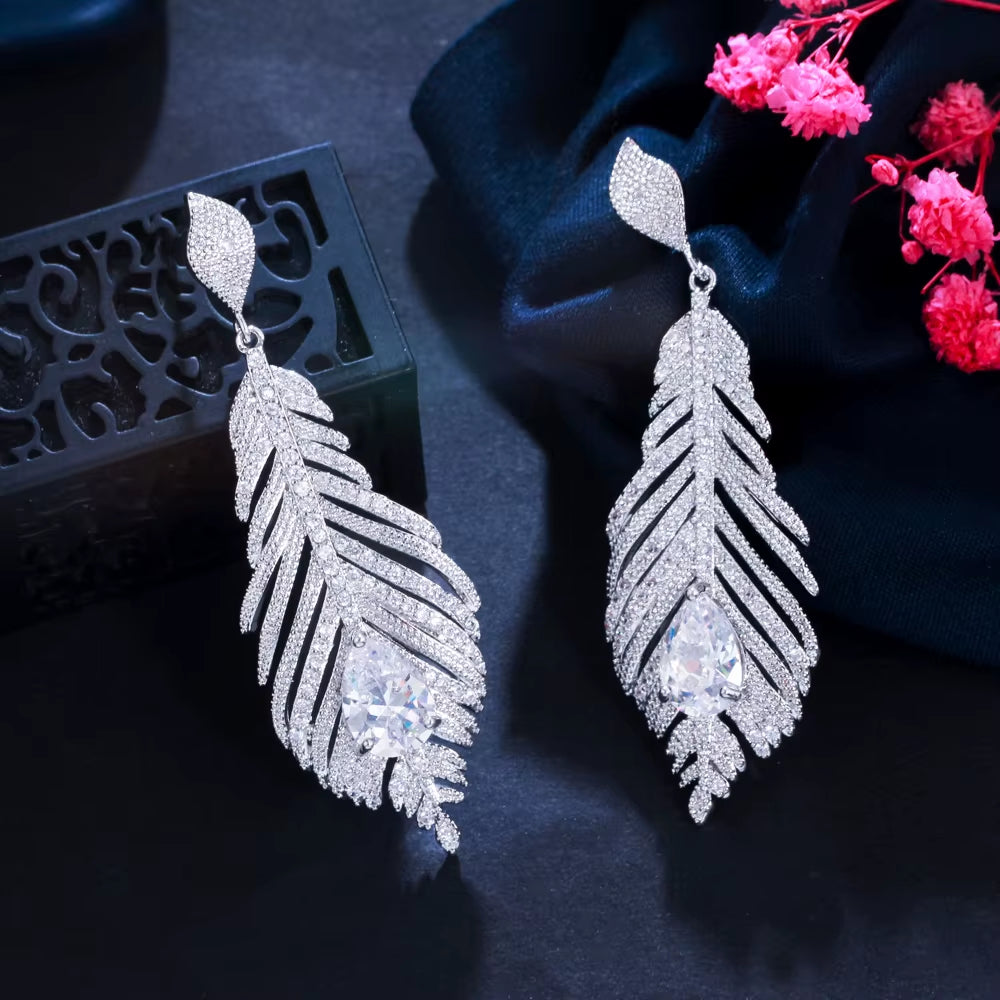 2023 Trend Designer Cubic Zirconia Long Dangle Feather Earrings for Women - Elegant Jewelry for Engagements, Parties, and Weddings - CZ977
