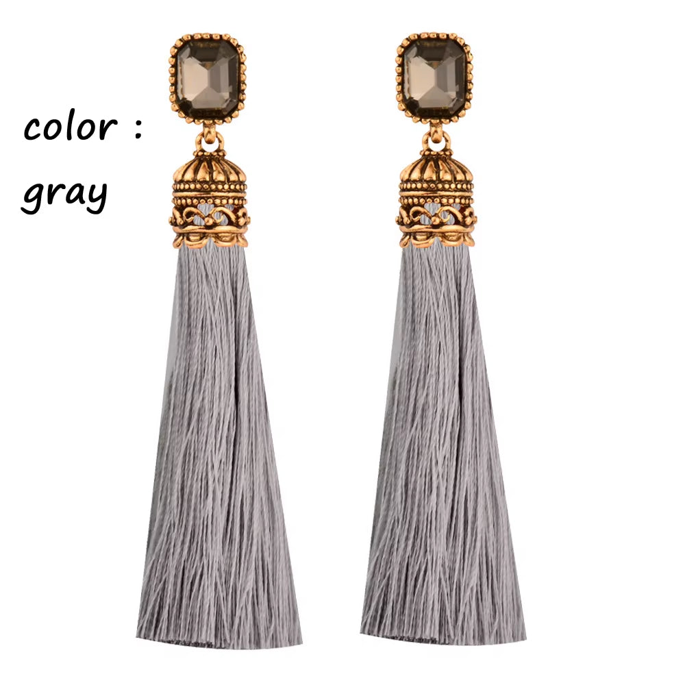 Women's Antique Gold Long Silk Tassel Earrings with Red and Black Square Cubic Zirconia - Bohemian Ethnic Jewelry