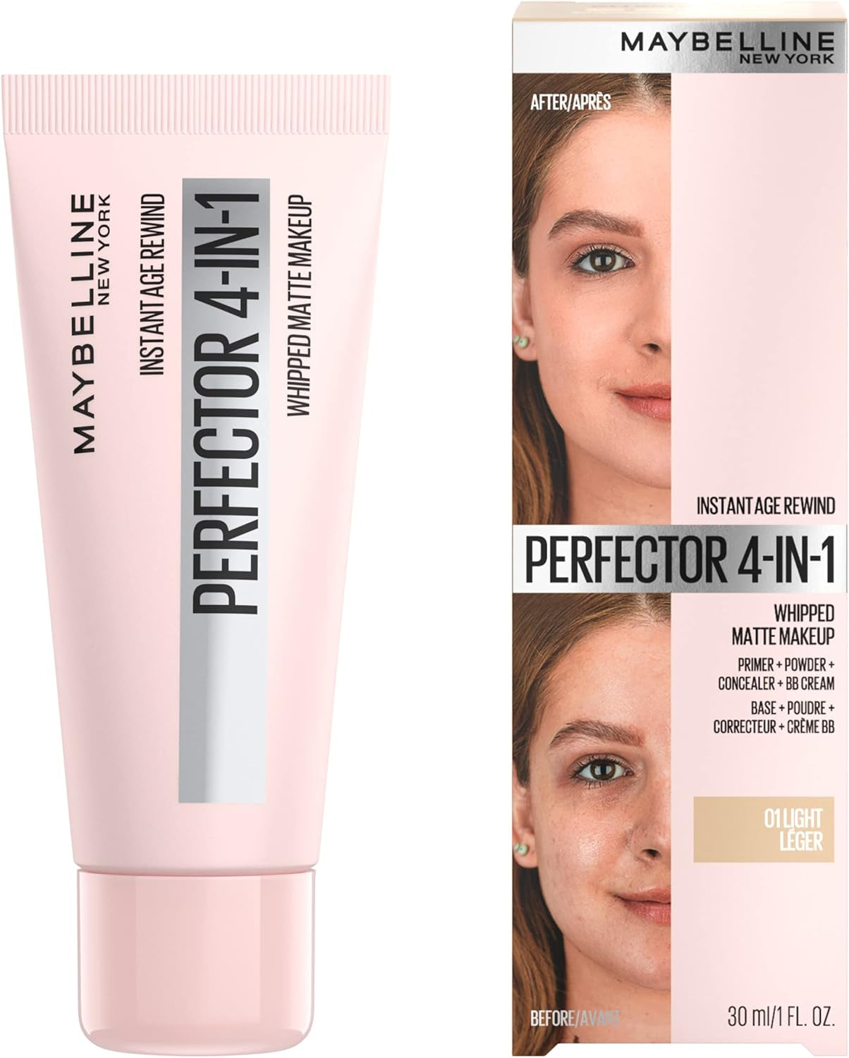 Maybelline Instant Age Rewind 4-In-1 Matte Makeup - Pore Blurring, Blemish Concealing, and Skin Tone Evening with Sheer Coverage, Light, 1 Fl Oz