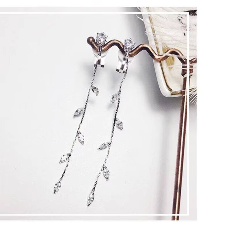 Luxury Clip-On Long Tassel Rhinestone Crystal Earrings for Women