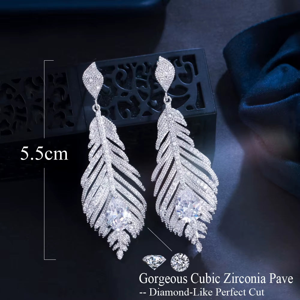 2023 Trend Designer Cubic Zirconia Long Dangle Feather Earrings for Women - Elegant Jewelry for Engagements, Parties, and Weddings - CZ977