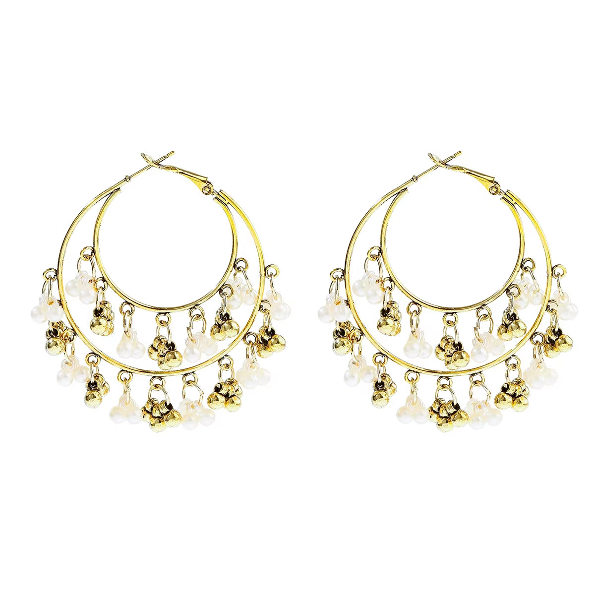 Classic Retro Gold Alloy Round Pearl Bead Tassel Earrings for Women - Bohemian Jhumka Indian Jewelry